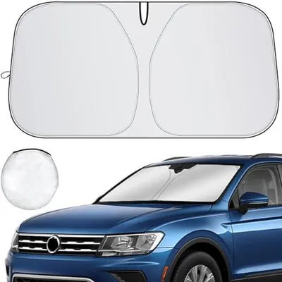 Produktbild von Sonnenschutz Auto Frontscheibe, Faltbar Sonnenschirm Auto Frontscheibe Innen, UV-Schutz Auto Sonnenblende für die Windschutzscheibe, Einfache Lagerung, für meisten Autos SUV, 142×80 cm