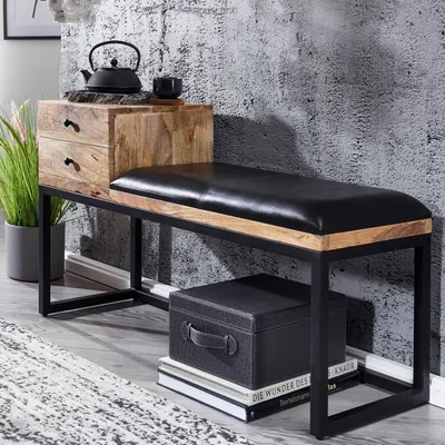 Produktbild von WOHNLING Sitzbank Ziegenleder / Massivholz Bank 100x60x35 cm im Retro Stil Flur Polsterbank Metall mit Stauraum Gepolsterte Lederbank Aufbewahrung
