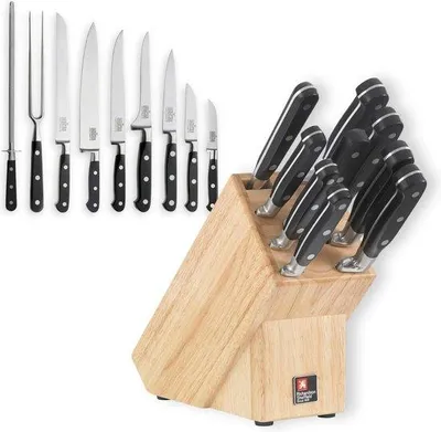 Image de Bloc à couteaux Famanu avec set de couteaux - 10 pièces - Design de haute qualité - Bois massif