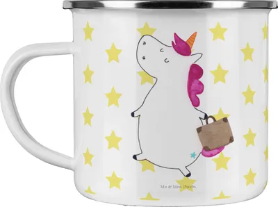 Produktbild von Mr. & Mrs. Panda Emaille Tasse Einhorn Koffer - Weiß - Geschenk, Witzig, Einhörner, Haferl, Unicorn, becher, Spaß, Pott, Lustig, Abenteuer, Teetasse