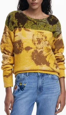 Produktbild von Bunter Damen Langarmpullover mit Muster und Rundhals in Gelb