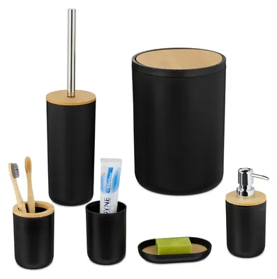 Image de TRANKIELO® - Ensemble de salle de bain 6 pièces - Accessoires en plastique et en bambou - Design élégant noir/naturel, comprenant un distributeur de savon et une poubelle