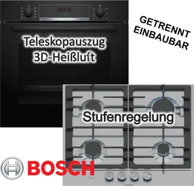 Produktbild von Bosch Herdset 3D-Heißluft Hydrolyse Pizzafunktion Teleskopauszug + Gas Kochfeld FlameSelect Zündsicherung
