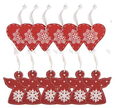 Zdjęcie produktu dla Clayre & Eef Zawieszki świąteczne, zestaw 12 sztuk, serce 13 x 13 cm, czerwone, drewno
