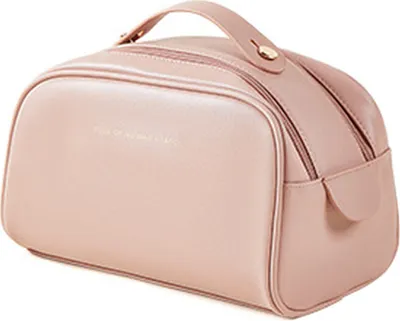 Produktbild von (Rosa) Reisekosmetiktasche mit großem Fassungsvermögen, tragbare Reise-Make-up-Tasche, wasserdichte Leder-Make-up-Tasche für Damenkosmetik