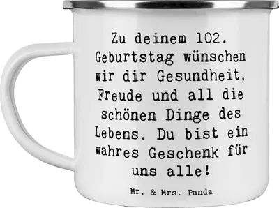 Produktbild von Mr. & Mrs. Panda Emaille Tasse Spruch 102. Geburtstag - Weiß - Geschenk, Motivtasse, besonderes Alter, Lebensfreude, besondere Person, Teetasse, Geburtstagsgeschenk, Pott