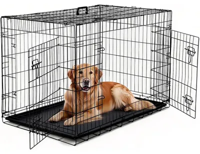 Immagine prodotto di Trasportino per cani - Gabbia pieghevole in metallo - 106,7 cm - 2 porte - Divisorio - Acciaio inossidabile - Nero