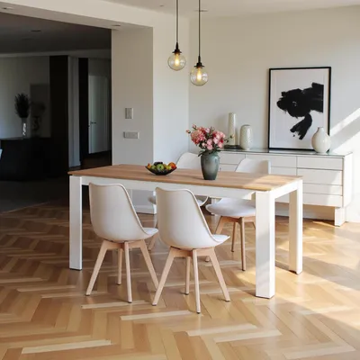 Productafbeelding van Eetset 160 cm, eikenhout/wit, met 4 stoelen, kunststof zitting, beukenpoten