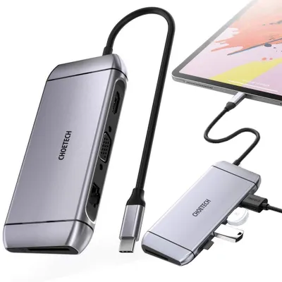 Produktbild von Choetech HUB-M15, USB 3.2 Gen 1 (3.1 Gen 1) Type-C, 100 W, 10,100,1000 Mbit/s, Grau, MicroSD (TransFlash), SD, 4K Ultra HD