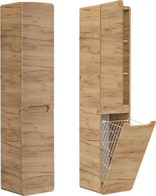 A tall, narrow cabinet with a wood grain finish, shown from the front and with its door open to reveal shelves and a laundry basket.