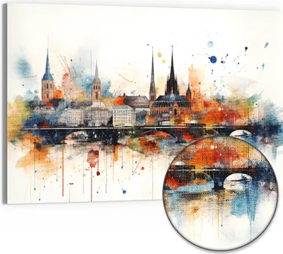 Produktbild von DEQORI Hybrid Leinwand Bild 90x60 cm 'Bunter Stadtzauber' Wandbild Glas flach modern