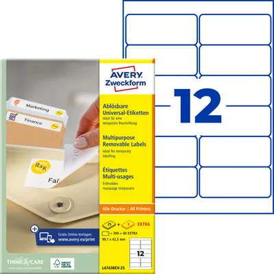 Produktbild von Avery Zweckform L4743REV-25, Universal-Etiketten, ablösbar, A4, 99,1 x 42,3 mm, 360 Etiketten / 30 Bögen, weiß