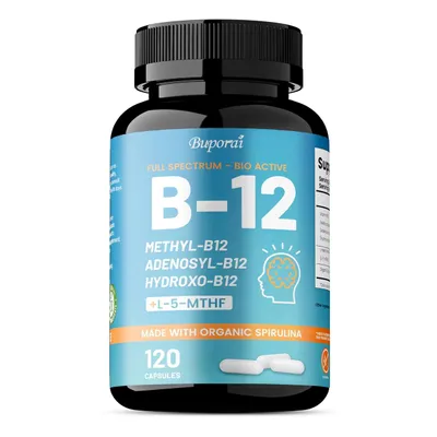 Immagine prodotto di Vitamina B12 + L-5-metilfolato (120 capsule) Integratore alimentare, energia, cervello, pensiero, funzione cognitiva, sistema immunitario, salute dei nervi
