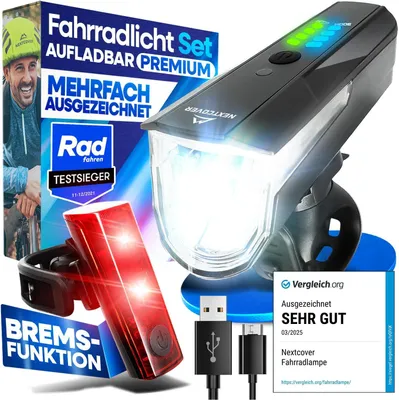 Produktbild von NEXTCOVER® Fahrradlicht Set mit [LightSense] Sensor & 11h Akkulaufzeit I USB aufladbar & wasserdicht I StVZO zugelassen I LED Fahrrad Licht vorne