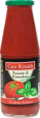 Produktbild von Casa Rinaldi pasteurisierte Tomaten mit Basilikum in der Glasflasche 690g