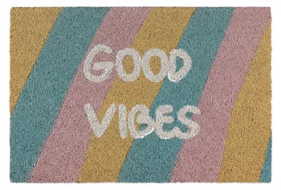 Produktbild von Relaxdays Fußmatte Kokos, Türvorleger "Good Vibes", gestreift, rutschfest, Kokosfußmatte innen & außen, 40x60 cm, bunt