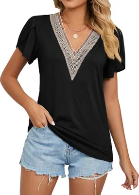 Produktbild von ASKSA Damen T-Shirt V-Ausschnitt Bluse Sommer Casual Kurzarm Elegant Oberteile Einfarbige Tops, Schwarz, S