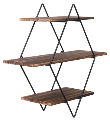 Produktbild von Rustikales Wandregal - Wandmontiertes Küchenregal - 3-stöckiges Aufbewahrungsregal - Metallrahmen und Kiefernholzboard - Schwebendes Dekoregal - Braun