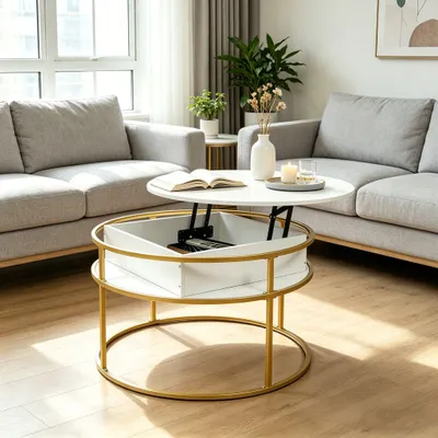 Produktbild von 2 in 1 Couchtisch Rund mit Hebeplatte,Beistelltisch mit Verstecktem Stauraum,Klein Wohnzimmertisch Kaffeetisch für Wohnzimmer,Büro 80x80x47cm Weiß