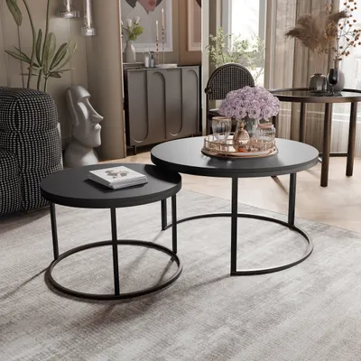 Produktbild von Idohome - Runder Couchtisch 2in1 LAVO mit Metalgestell, 80x48 cm+60x42 cm (Ø x H) Farbe: Schwarz / Schwarz Matt