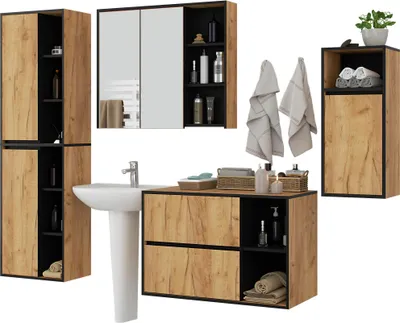 Image de Ensemble de meubles de salle de bains suspendu VAMI en chêne craft avec intérieur en noir