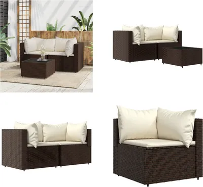 Image de vidaXL 3 pcs. Garden Lounge Set with Coussins Braun Poly Rattan - Garden Lounge Set - Garden Lounge Sets - Outdoor Lounge Set - Lounge Set Terrasse