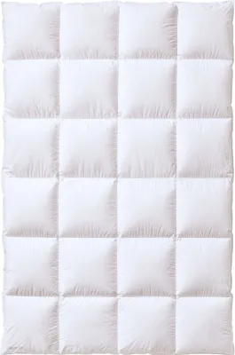 A white down comforter is shown flat against a white background.