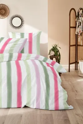 Immagine prodotto di Biancheria da letto Primera in morbido seersucker 155x220 a righe verde, bianco e rosa 213071-52