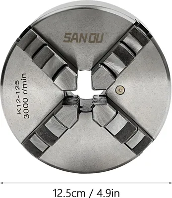 Obrázok produktu pre Sústružnické skľučovadlo – 4-čelusťové, samocentrovacie – Ø 125 mm – upínací rozsah 2,5–40 mm vnútorný, 38–110 mm vonkajší – priechodný otvor Ø 30 mm – presnosť súosovosti 0,07 mm – striebro