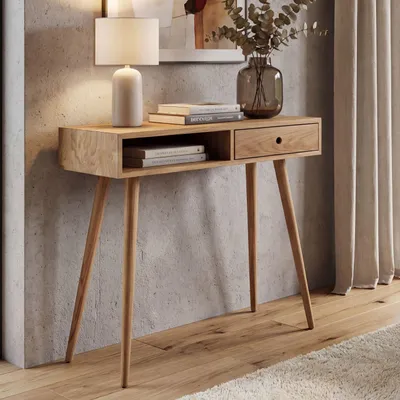 Zdjęcie produktu dla Stolik konsolowy MCA HWC-P55, stolik pod telefon, stolik do przechowywania, szuflada z litego drewna, schowek 80x80x34cm, dąb
