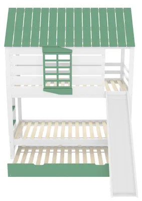 Produktbild von Kinderbett - Etagenbett in Hausform - 90x200 cm - Mit Rutsche - Ausziehbett - Mit Stauraum - MDF/Kiefer/Sperrholz - Max. 120 kg - Weiß/Grün