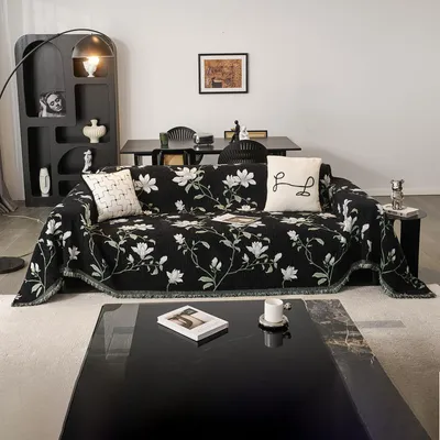 Chenille-Sofaüberwurf Magnolienmuster 180x480 cm Schwarz