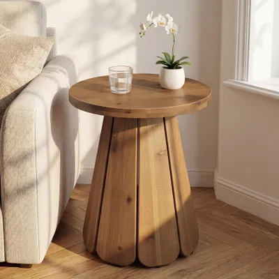 Image de Table d'appoint ronde en bois Tribesigns, table basse de 50 cm, bois massif, pied évasé, style cottage, idéale comme table de chevet ou table d'appoint