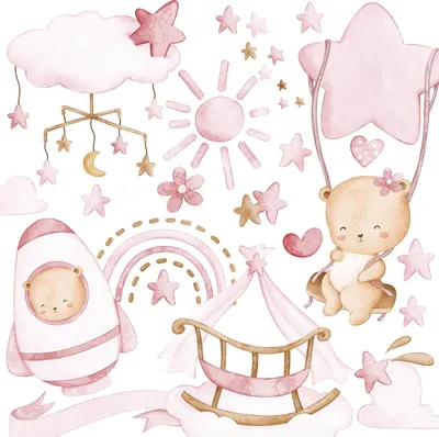 Produktbild von Wandsticker Set für Kinder TEDDYBÄREN rosa Wolken Sterne Regenbogen 60x30cm Wandaufkleber Set für Baby