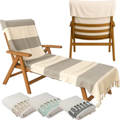 Produktbild von Schonbezug für Sonnenliege 200x70cm mit Kapuze 100% Baumwolle für Gartenliege Liegenhandtuch mit Umschlag Liegestuhl Bezug Strandliege Grau