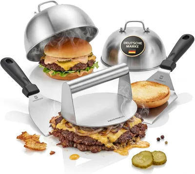 Produktbild von 𝗛𝗔𝗩𝗘𝗡𝗛𝗔𝗨𝗦 Smash Burger Set Edelstahl I Smash Burger zu Hause I Burger Set 5-teilig mit Burger Smasher, Burgerglocken und Teppanyaki Spachtel