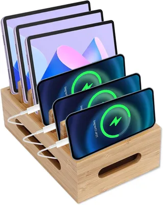 Image de Organisateur de station de charge, pour plusieurs appareils, en bois, pour le bureau
