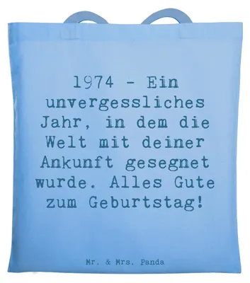 Produktbild von Mr. & Mrs. Panda Tote Bag Spruch 1974 Geburtstag - Sky Blue - Geschenk, Happy Birthday, Jutebeutel, Alter, Freude und Liebe, Geburtsjahr, Tasche, geboren, Laptoptasche