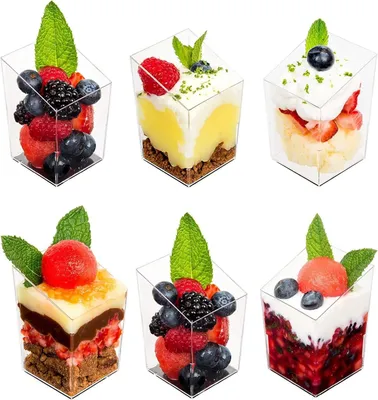 Obrázok produktu pre Mini dezertné poháre, štvorcové, objem 90 ml, 60 kusov, priehľadné, vhodné do kuchyne
