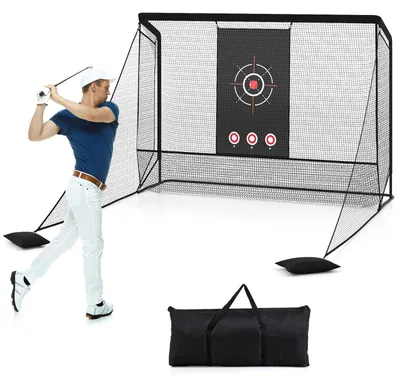 Produktbild von COSTWAY Golfnetz, Golf-Übungsnetz mit Zielscheibe, Tragetasche,  4 Bodennägeln & 2 Sandsäcken, Seitenteilen & Bodennetz, Schlagnetz, Schwarz