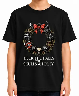 Produktbild von Deck The Halls With Skulls And Holly Gothic Metal Kranz Totenkopf Kinder T-Shirt, Schwarz, 140