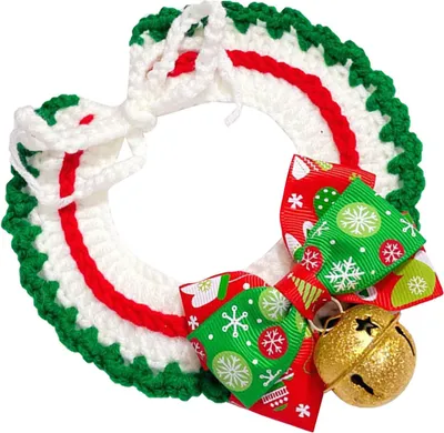 Image de Collier de Noël pour animaux de compagnie Ajustable Mignon Collier pour chat et chien en tricot écharpe avec cloche M Nœud papillon de Noël Collier vert M
