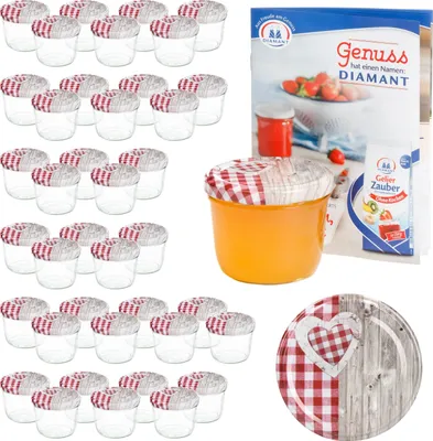 A collage of jam jars, a recipe booklet, and a decorative plate.