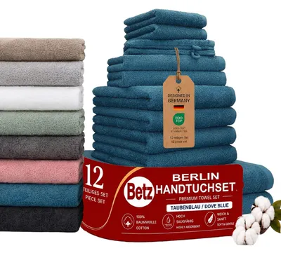 Produktbild von etz Berlin Handtuch-Set 12-teilig – 100% Baumwolle – ®  – Duschtücher, Handtücher, Gästetücher & Waschhandschuhe Farbe taubenblau
