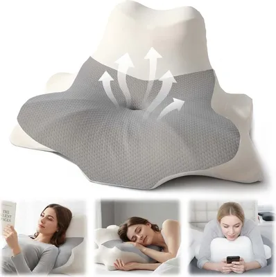 Image de (Gris) Oreiller multifonctionnel ergonomique en mousse à mémoire de forme pour les personnes dormant sur le côté, sur le dos ou sur le ventre, avec housse amovible.