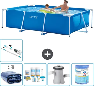 Produktbild von Intex-Schwimmbecken mit rechteckigem Rahmen – 260 x 160 x 65 cm – Blau – im Lieferumfang enthalten Sonnensegel - Wartungspaket - Filterpumpe für Schwimmbad - Filter - Staubsauger