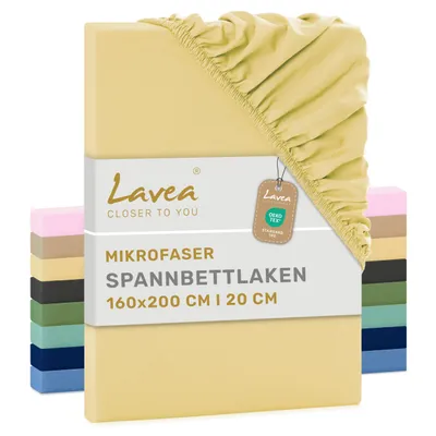 Zdjęcie produktu dla Lavea® Zestaw pościeli satynowej na materac, 160x200 cm, wykonany z mikrofibry, przeznaczony do materacy o grubości do 20 cm, z gumką wszytą po obwodzie, oddychający i zapewniający uczucie chłodu - kolor beżowy (piasek)