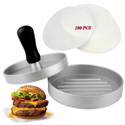 Hamburgerpresse 12 cm mit 100 Backpapier-Einlagen, Alu