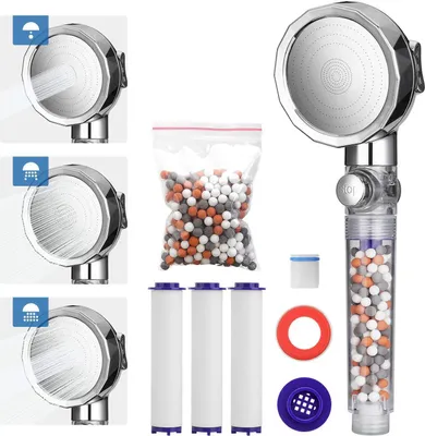 A collection of shower head components and accessories, including shower heads, filter cartridges, and beads.