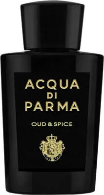 A black bottle of Acqua di Parma Oud & Spice Eau de Parfum for men.